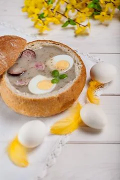 Polish easter soup with egg and sausage Stock Photos
