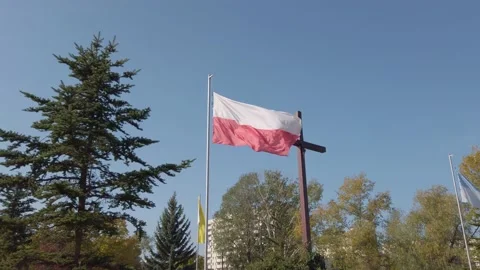 Polish flag on the background of the cross. Stock Footage 131973740