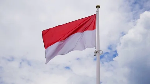Polish flag flying against the blue sky with white clouds slow motion Stock Footage 111068366