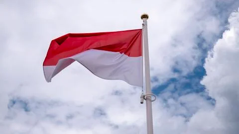 Polish flag flying against the blue sky with white clouds Stock Photos