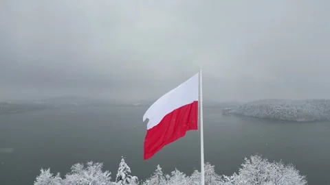 Polish flag gracefully flutters in the cold winter breeze against a serene lake Stock Footage 321689667