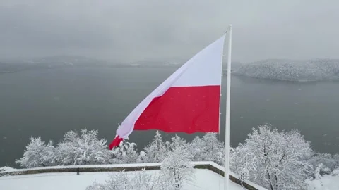 Polish flag gracefully flutters in the cold winter breeze against a serene lake Видео 335888099