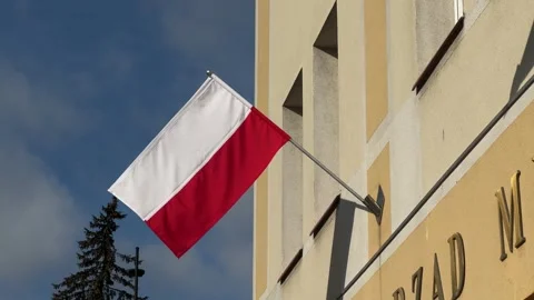 Polish flag waving at strong wind with blue sky with clouds at background Stock Footage 290932488