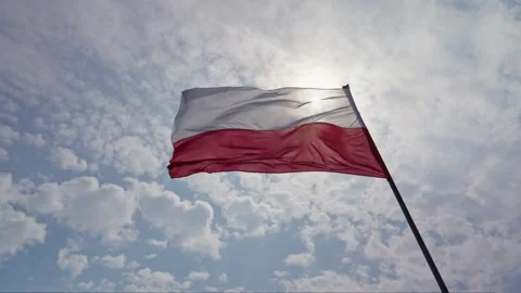 Polish flag waving in the wind against a sunny sky. Stock Footage 309395089