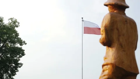 Polish flag waving in the wind in a small town. Poland. Stock Footage 107167626