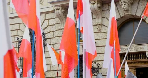 Polish flags swaying in the wind on independence day. Stock Footage 100231190