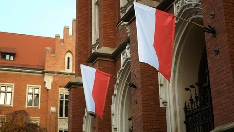 Polish flags in University Stock Footage 99317120