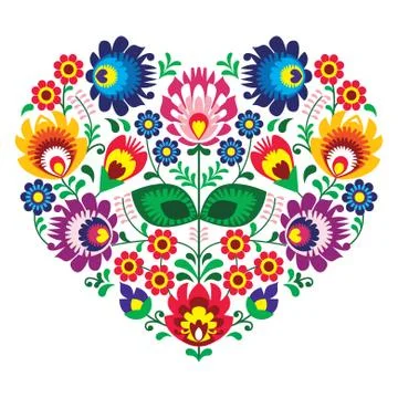 Polish folk art art heart embroidery with flowers - wzory lowickie Stock Illustration