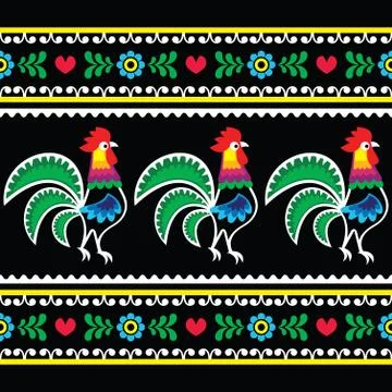 Polish folk art pattern with roosters on black - Wzory lowickie, Wycinanka Stock Illustration