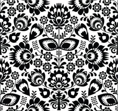 Polish folk art seamless pattern in black and white - wzory lowickie, wycinanki Stock Illustration
