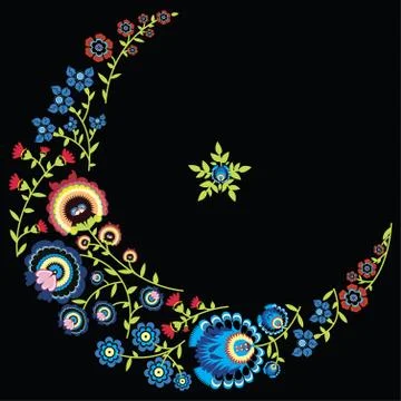 Polish folk floral pattern in moon shape black background Stock Illustration
