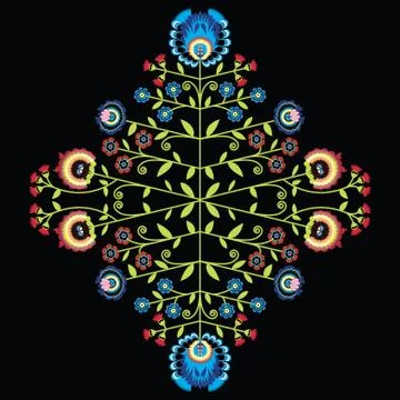 Polish folk inspired pattern in color on black background Stock Illustration