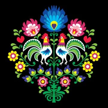 Polish folk vector pattern with roosters - floral design  Wycinanka Stock Illustration