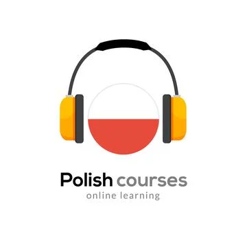 Polish language learning logo icon with headphones. Creative polish class fluent Stock Illustration