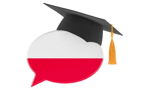 Polish language learning. Speech bubble with Polish flag and graduation cap.. Stock Illustration
