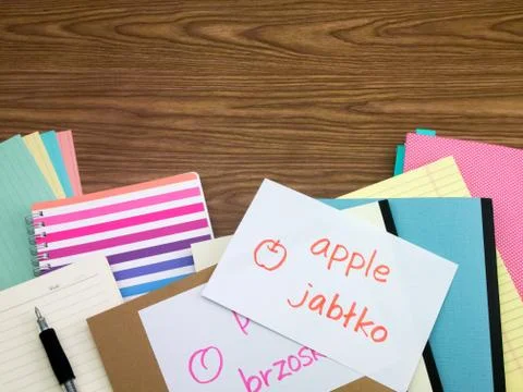 Polish; Learning New Language Writing Words on the Notebook Stock Photos