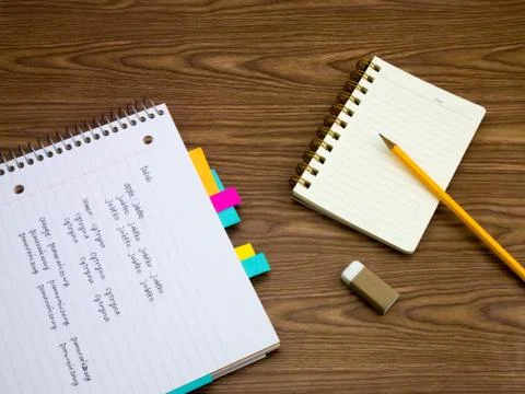 Polish; Learning New Language Writing Words on the Notebook Stock Photos