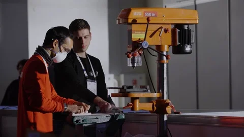 Polish Machine Pair Workers Grind Dry Workshop Stock Footage 117209844