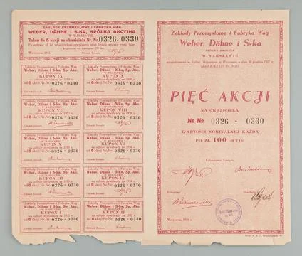 Polish Museums, 18th-20th ct, 5 bearer shares, nominal value each PLN 100, Stock Photos
