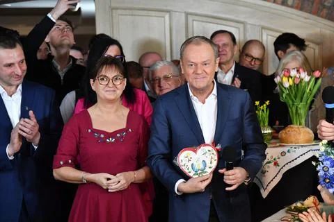 Polish Prime Minister Donald Tusk attends Easter meeting with residents in Kosci Stock Photos