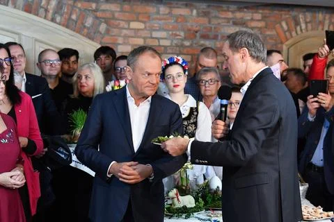 Polish Prime Minister Donald Tusk attends Easter meeting with residents in Kosci Stock Photos