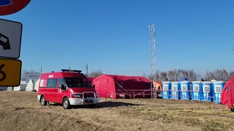 Polish Rescue (Straz) Workers Vehicle at Ukrainian Refugee Reception Centre Stock Footage 221122355