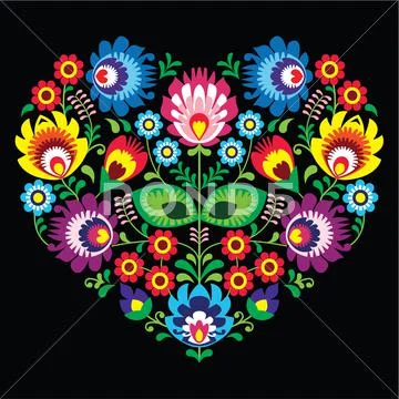 Polish, Slavic folk art art heart with flowers on black - wzory lowickie Stock Illustration