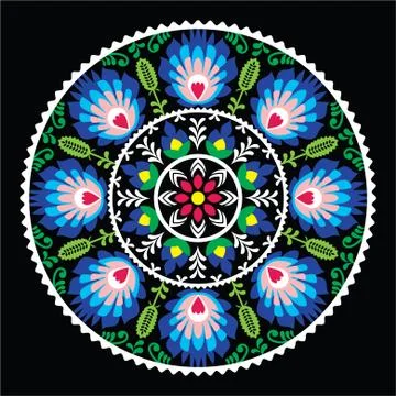 Polish traditional folk art pattern in circle -  Wzory Lowickie on black Stock Illustration