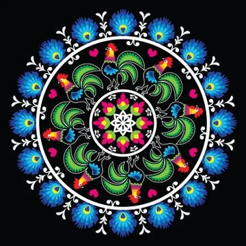 Polish traditional folk art pattern in circle with roosters - Wzory Lowickie Stock Illustration