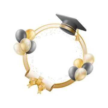 Polished 3D Graduation Celebration Frame Illustration with Gold Ring, Cap, .. Stock Illustration