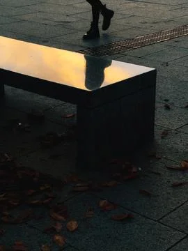 Polished bench surface reflecting warm golden light of sunset, while legs of Stock Photos