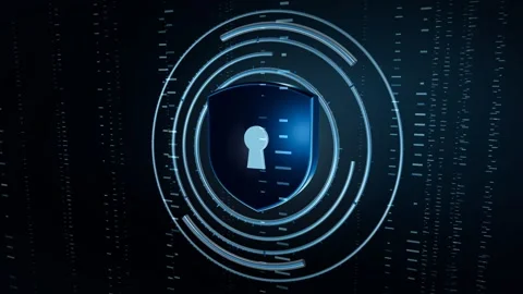 Polished Blue Shield With Keyhole Emblem Radar Dial Rings And Data Streams Stock Footage 342912751