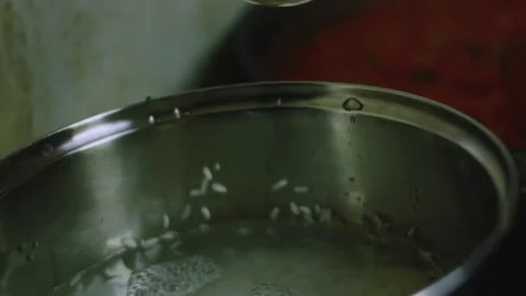 Polished culinary study of rice boiling in a covered pot Stock-Footage 342153465