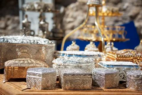 Polished metal trinket boxes  Stock Photos