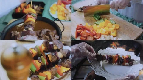 Polished restaurant-style serving: multi-panel steak kebab preparation sequence Stock Footage 342183463