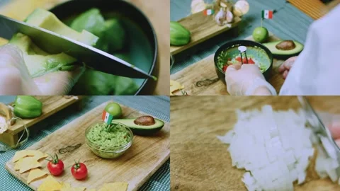 Polished tabletop composition of guacamole recipe steps in split screen Video stock 342141864