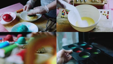 Polished tabletop sequence of cookie assembly and icing steps shown together Stock Footage 342156255