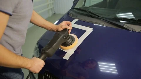Polishing blue car with reflection, the concept car care Stock Footage 71339064