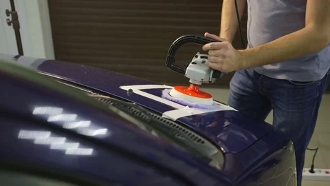Polishing blue car with reflection, the concept car care Stock Footage 71340914