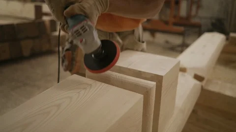 Polishing by the grinding machine of a wooden bar in the Norwegian style Video stock 107325341