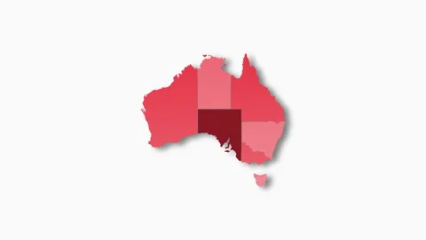 Politic map of Australia showing divided states in red color on white background Stock Footage 239656204