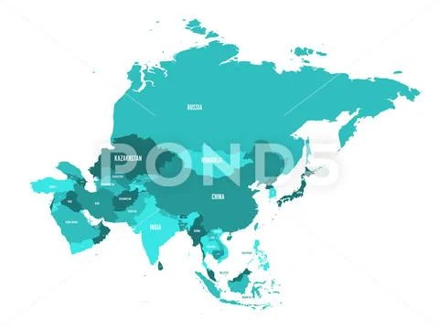 Political map of Asia continent in shades of turquoise blue. Vector ...