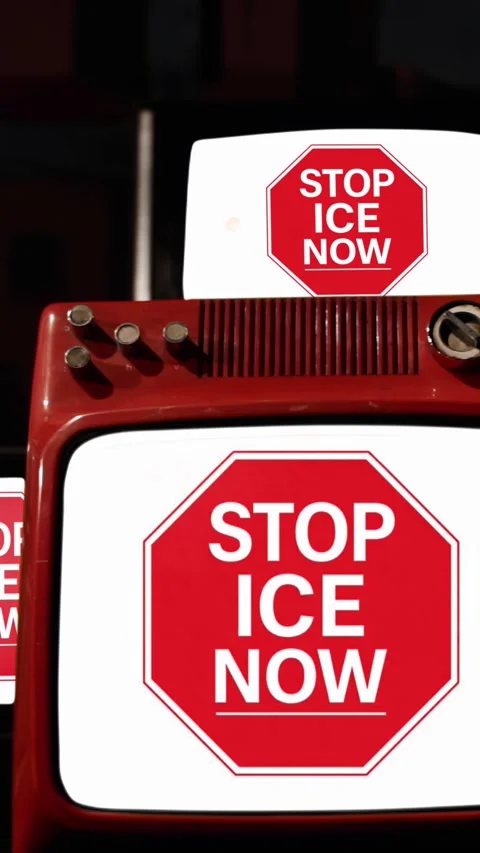 Political Protest Message Stop ICE Now on Old Television Screens - 4K Vertical Stock Footage 327790816
