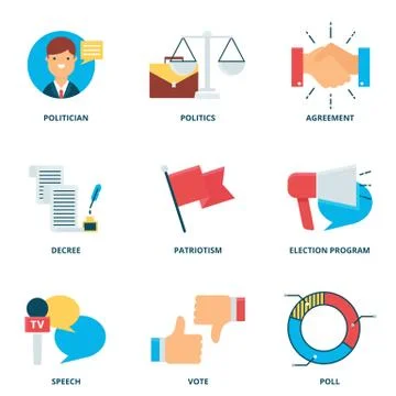 Politics vector icons set, flat style Stock Illustration