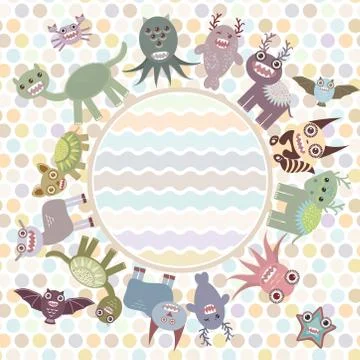 Polka dot background, card for your text in circle. Funny cute dinosaur monst Stock Illustration