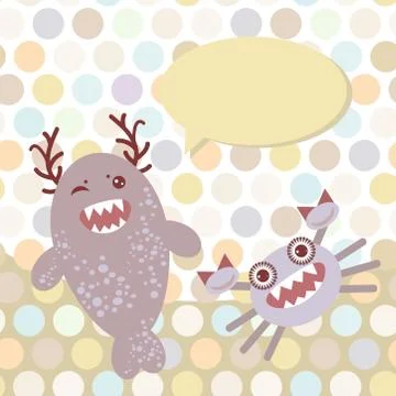 Polka dot background, pattern. Funny cute monsters on dot background. Vector Stock Illustration