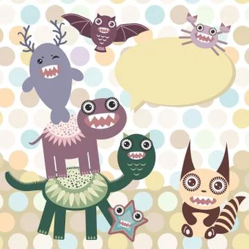 Polka dot background, pattern. Funny cute dinosaur monsters on dot background Stock Illustration
