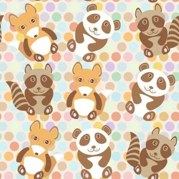 Polka dot background, pattern. Funny cute raccoon, panda, fox on dot backgrou Stock Illustration