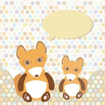 Polka dot background, pattern. Funny cute fox with speech bubble. Vector Stock Illustration
