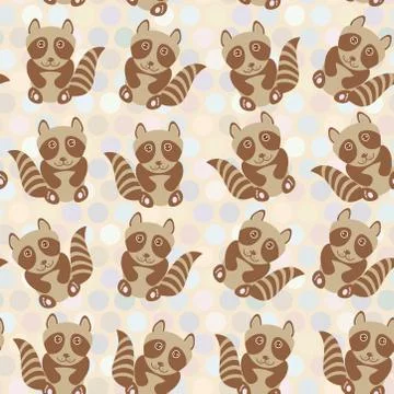 Polka dot background, pattern. Funny cute raccoon on dot background. Vector Stock Illustration